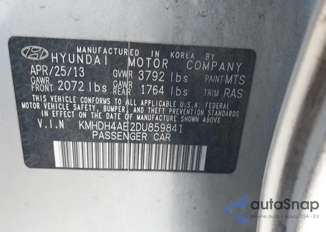 2013 Hyundai Elantra Gls из США, поврежденный, VIN KMHDH4AE2DU859841